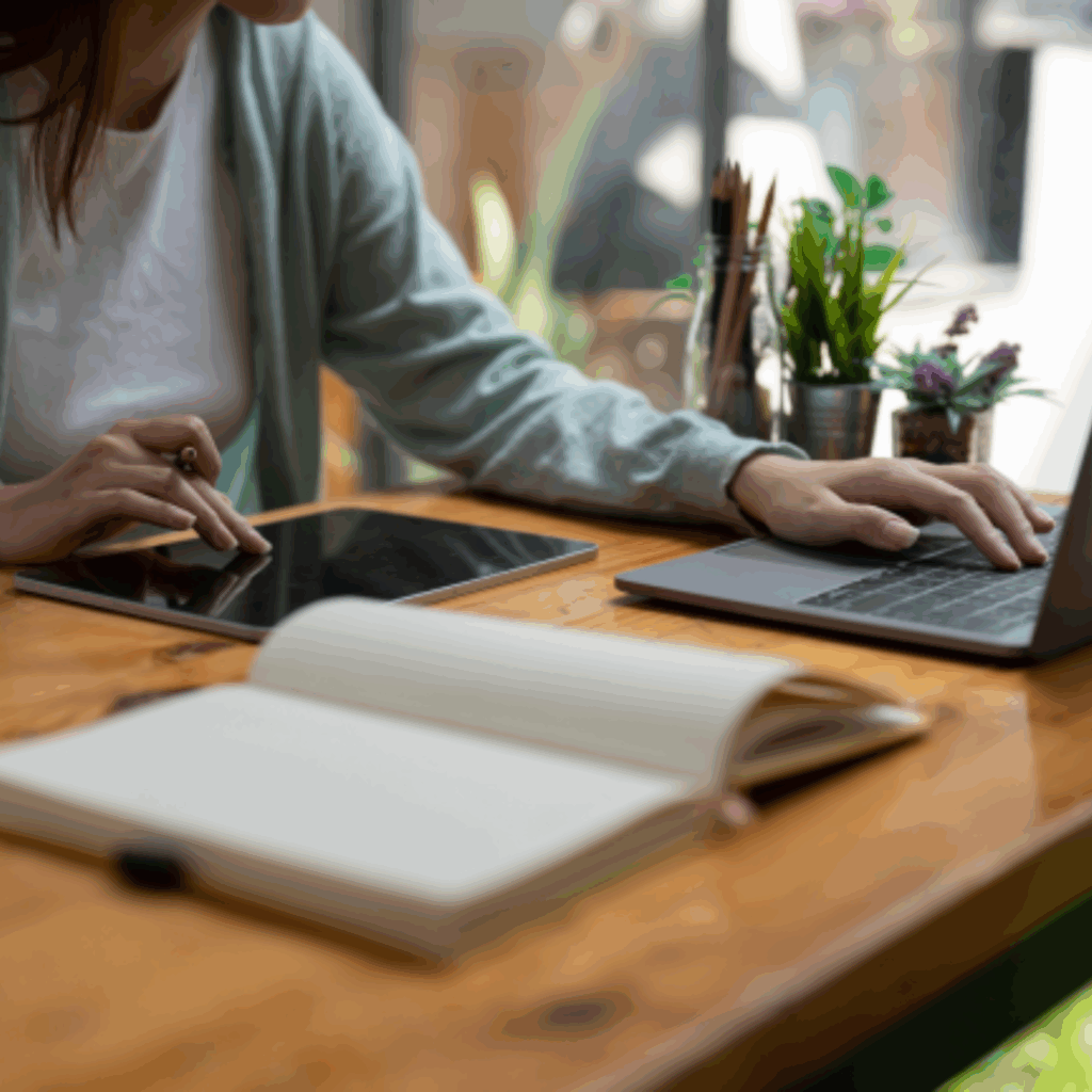 Una studentessa sta studiando utilizzando il suo computer, tablet e un quaderno